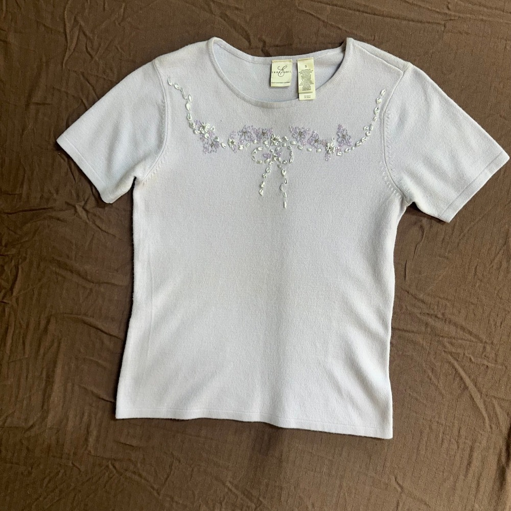 Emma‎ James Womens Floral Beaded Knit Top Lavender Short Sleeve Size S